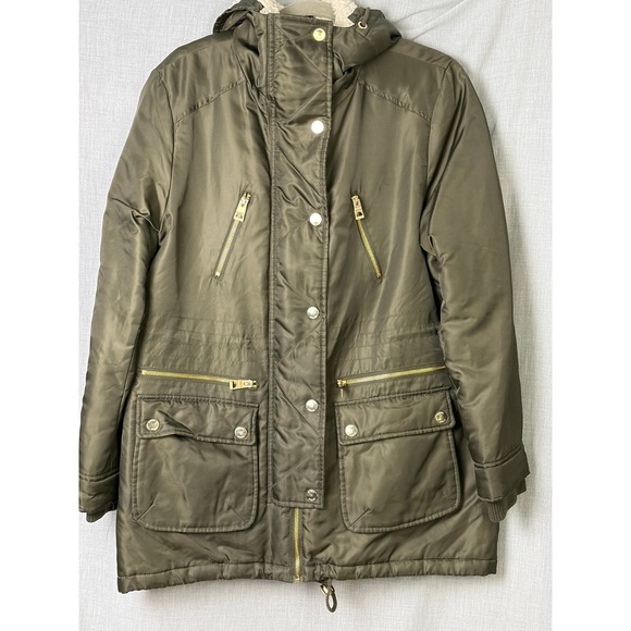 Guess Olive Sherpa Lined Hooded Parka Jacket Gold Zip Detail‎ Size XL - Picture 2 of 16